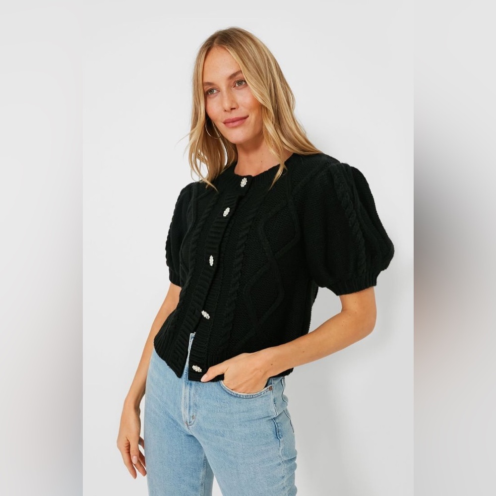 Tuckernuck Hyacinth House Black Victoria Puff Sleeve Cable Knit Cardigan Sweater